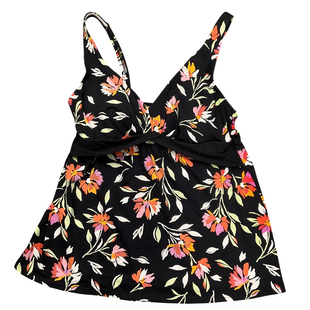 Lands' End Tankini Top Womens 8 Black Pink Floral‎ Twist Classic Swim